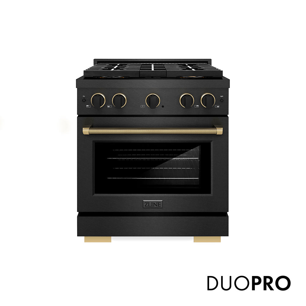 ZLINE Designer Collection 30 in. 4.2 cu. ft. Paramount Gas Range with 4 Burner DuoPro™ Cooktop and Convection Gas Oven in Black Satin Stainless Steel with Matte Black and Champagne Bronze Accents (PSGRBSZ-30-MBCB)