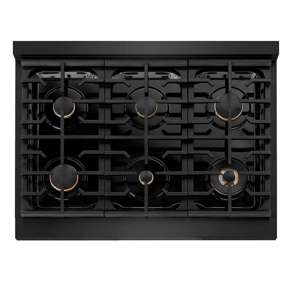 ZLINE Autograph Edition 36 in. 5.2 cu. ft. Paramount Dual Fuel Range with 6 Burner Gas Cooktop and Electric Convection Oven in Black Stainless Steel with Champagne Bronze Helix Handle and Knob Accents (SDRBZ-36-KCB)