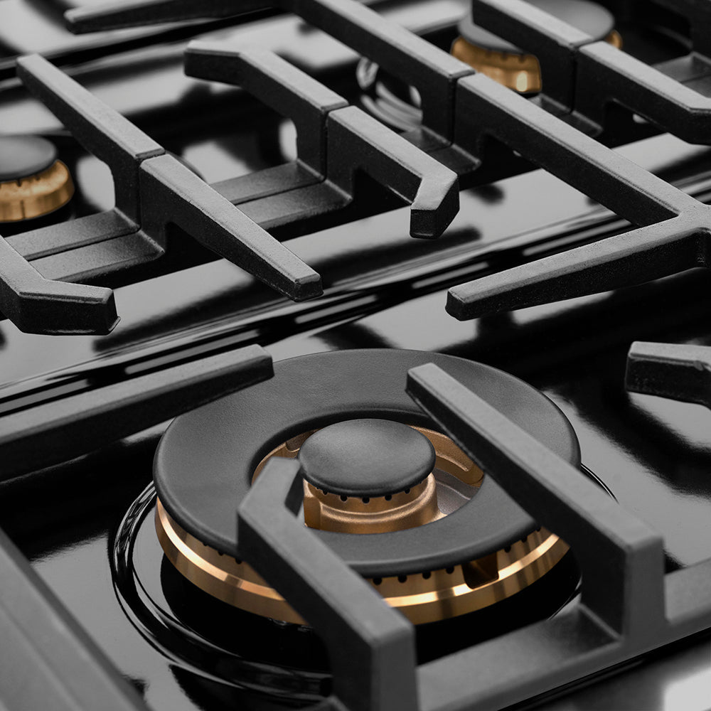 ZLINE Autograph Edition 48 in. 6.7 cu. ft. Paramount Double Oven Gas Range with 8 Burner Cooktop in Black Stainless Steel and Polished Gold Helix Handles and Knob Accents (SGRBZ-48-KG)