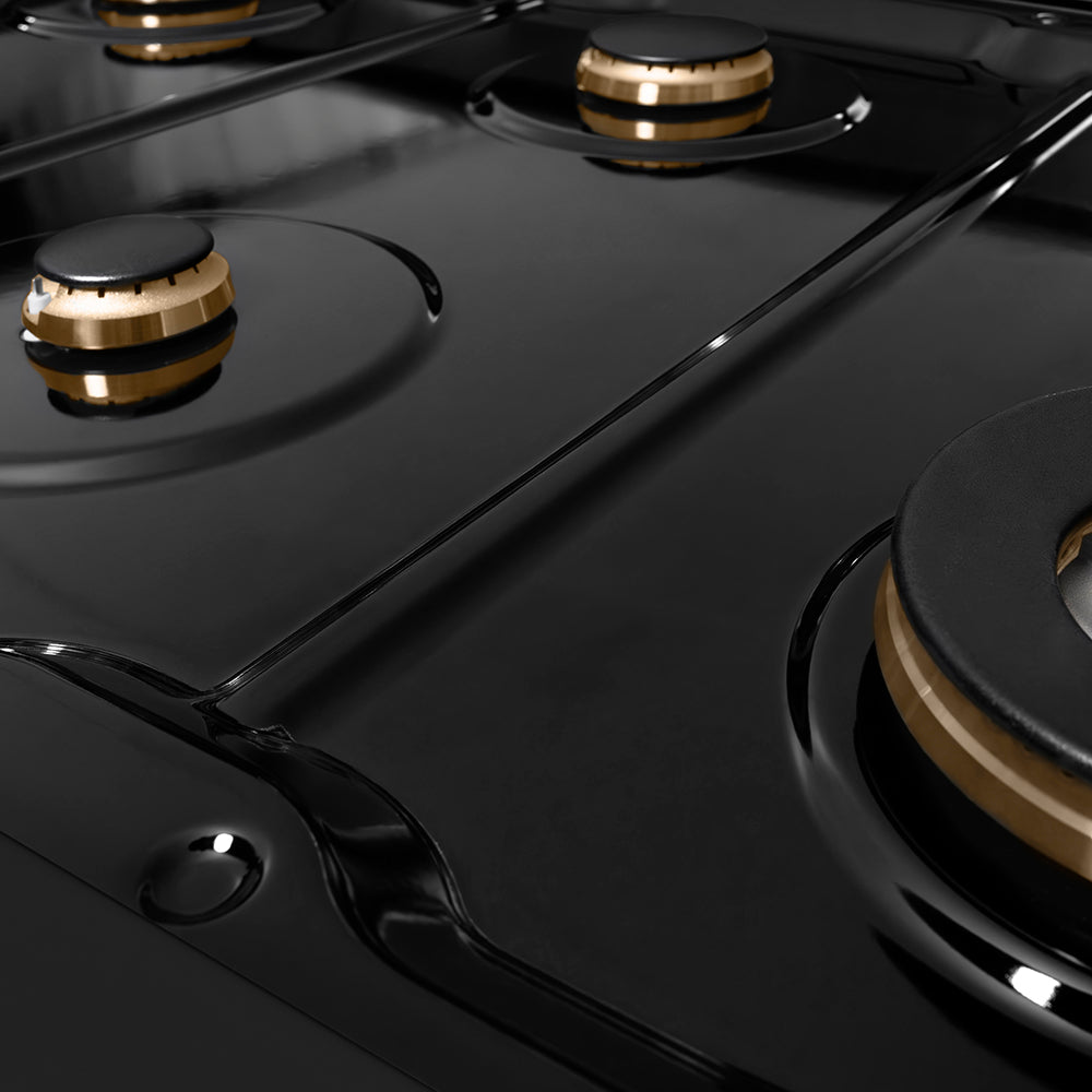 ZLINE Autograph Edition 48 in. 6.7 cu. ft. Paramount Double Oven Gas Range with 8 Burner Cooktop in Black Stainless Steel and Polished Gold Helix Handles and Knob Accents (SGRBZ-48-KG)