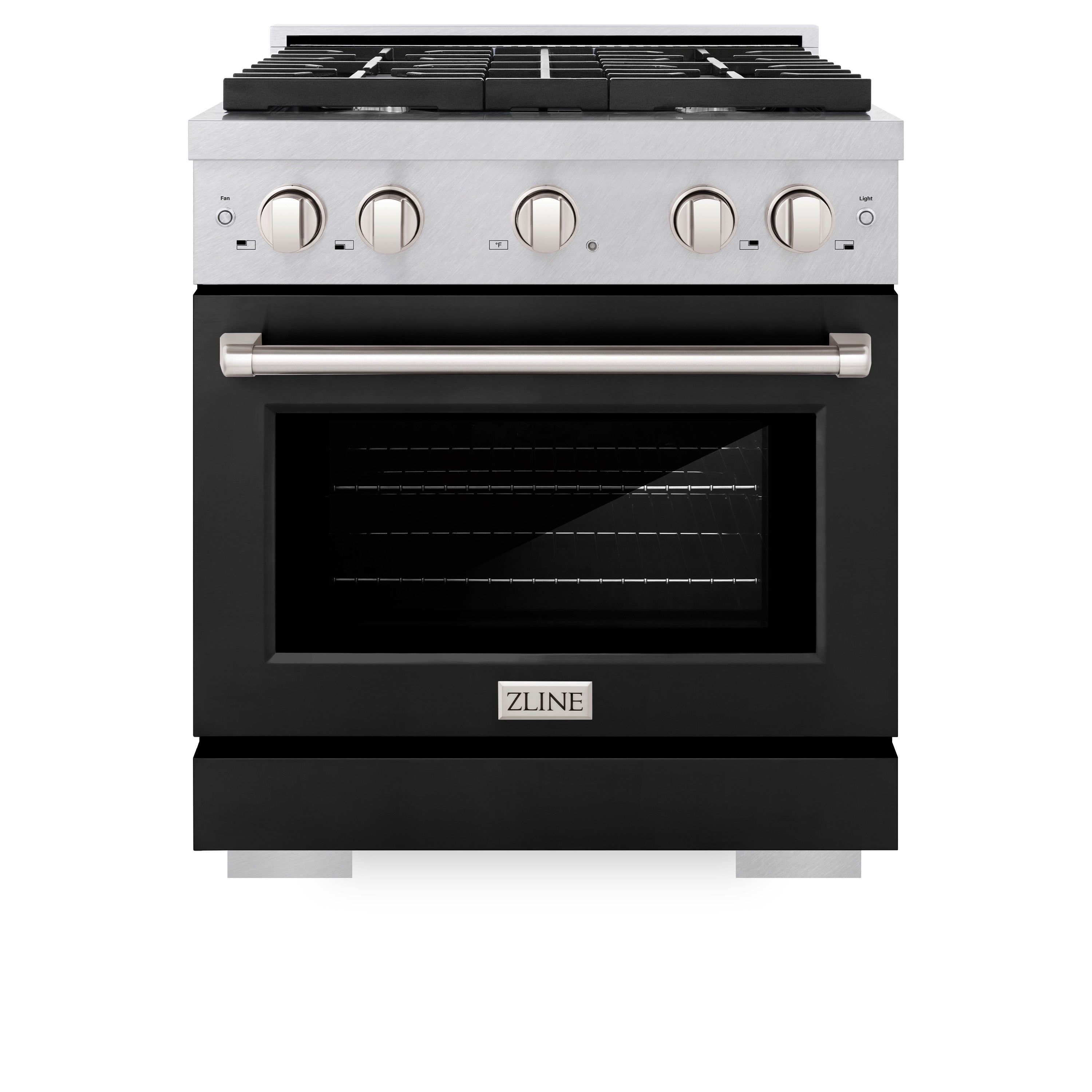 ZLINE 30 in. 4.2 cu. ft. Paramount Gas Range with 4 Burner Cooktop and Convection Gas Oven in Satin Stainless Steel with Black Matte Door (SGRS-BLM-30)