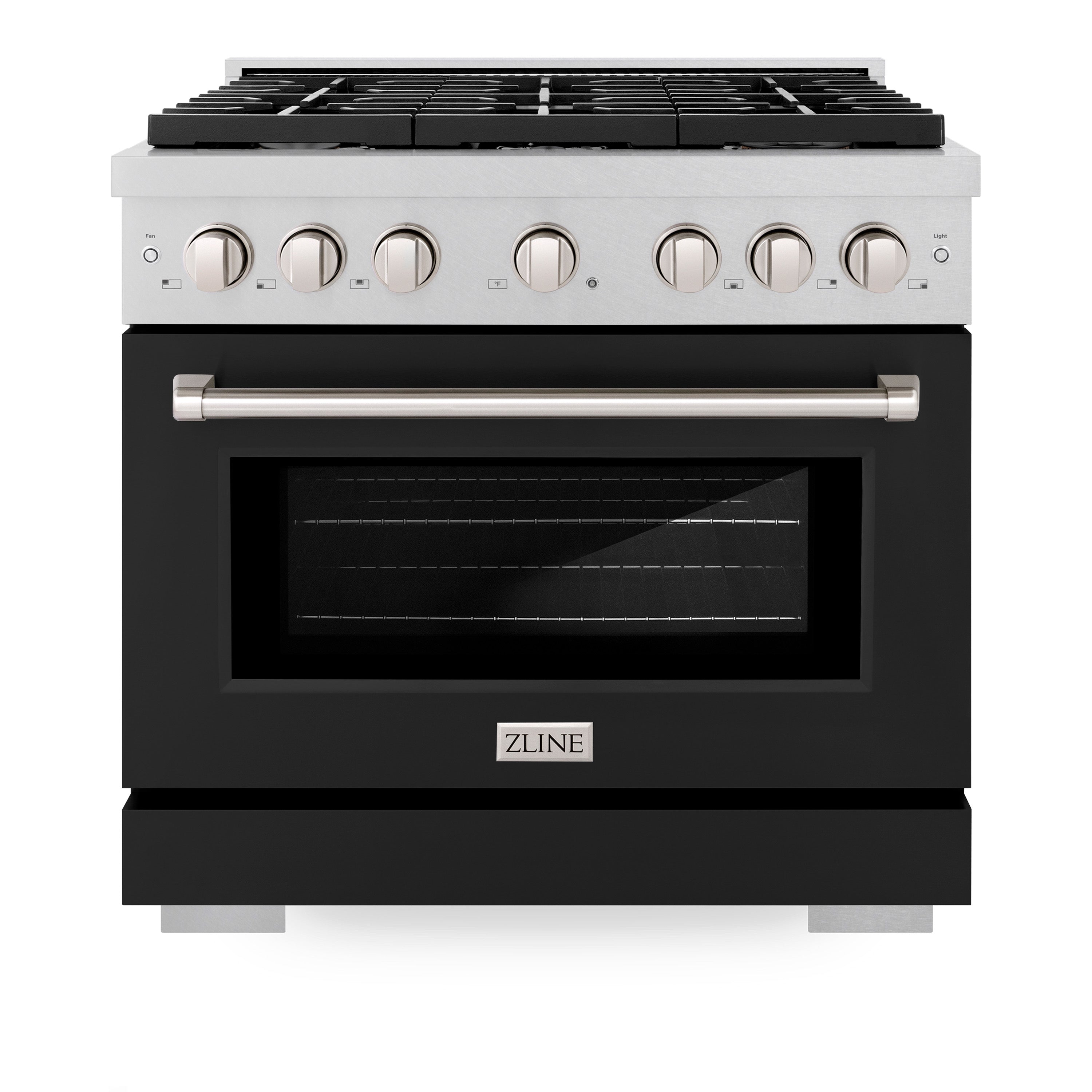 ZLINE 36 in. 5.2 cu. ft. Paramount Gas Range with 6 Burner Cooktop and Convection Gas Oven in Satin Stainless Steel with Black Matte Door (SGRS-BLM-36)