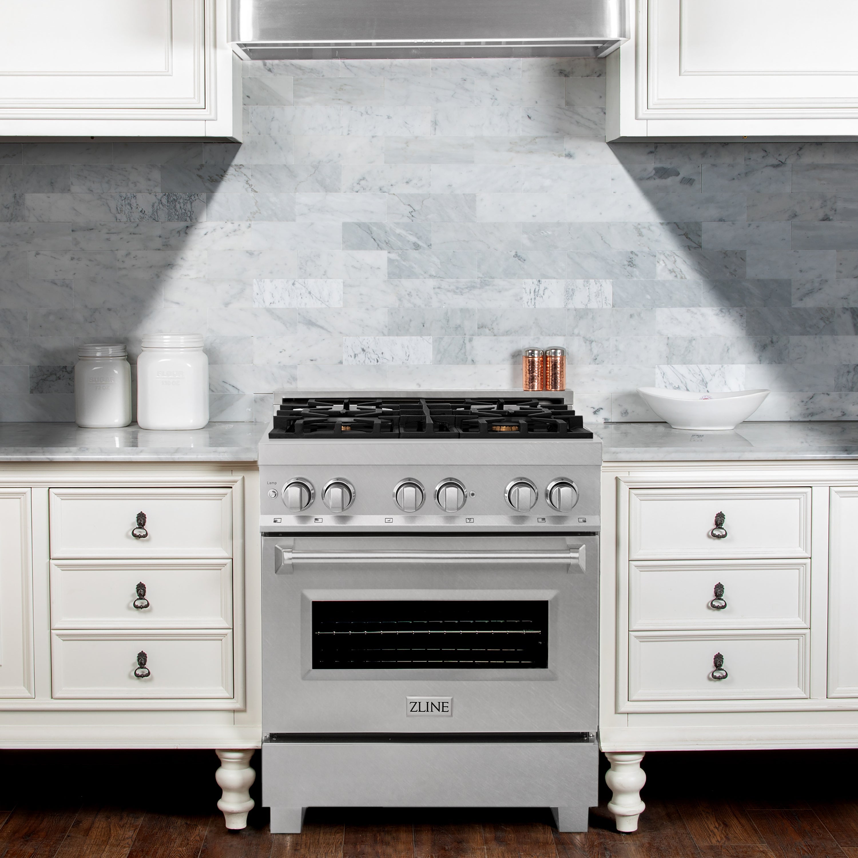 ZLINE 30 in. 4.0 cu. ft. Legacy Dual Fuel Range with Gas Cooktop and Electric Convection Oven in Satin Stainless Steel with 4 Brass Burners (RAS-SN-BR-30)