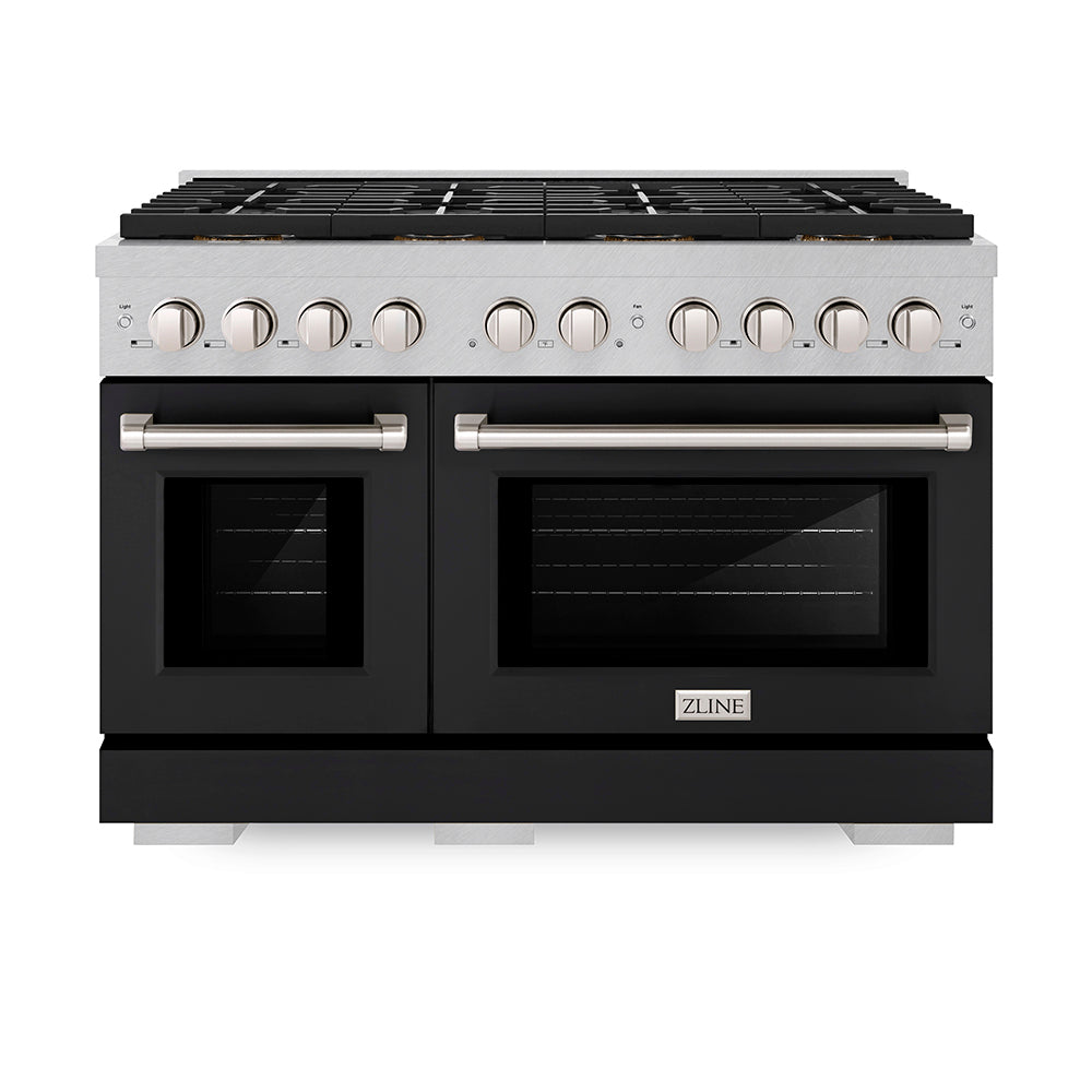 ZLINE 48 in. 6.7 cu. ft. Paramount Gas Range with 8 Burner DuoPro™ Cooktop and Dual Ovens in Satin Stainless Steel with Black Matte Doors (PSGRS-BLM-48)