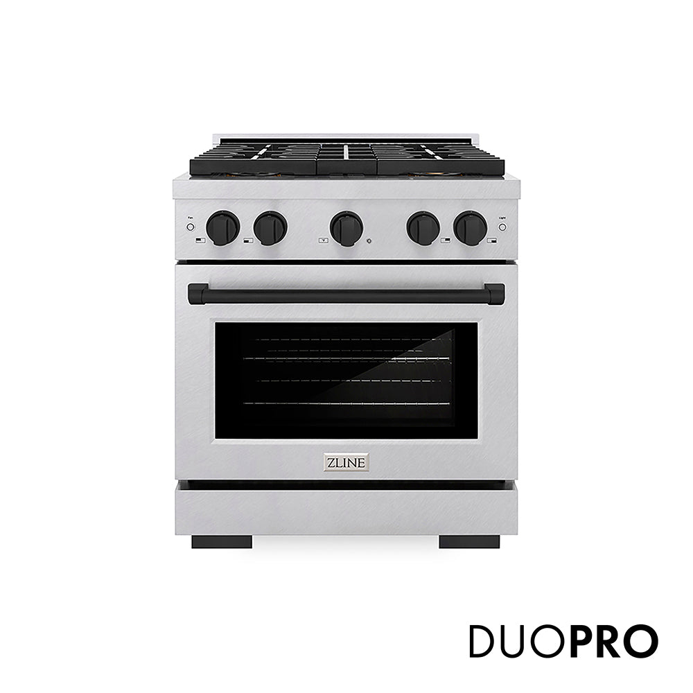 ZLINE Autograph Edition 30 in. 4.2 cu. ft. Paramount Gas Range with 4 Burner DuoPro™ Cooktop and Convection Gas Oven in Satin Stainless Steel and Matte Black Accents (PSGRSZ-30-MB)