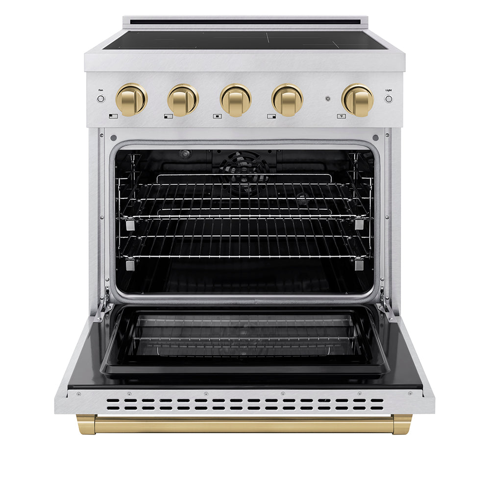 ZLINE Autograph Edition 30 in. 4.2 cu. ft. Paramount Induction Range with 4 Element Cooktop and Electric Convection Oven in Satin Stainless Steel with Champagne Bronze Accents (SINRSZ-30-CB)
