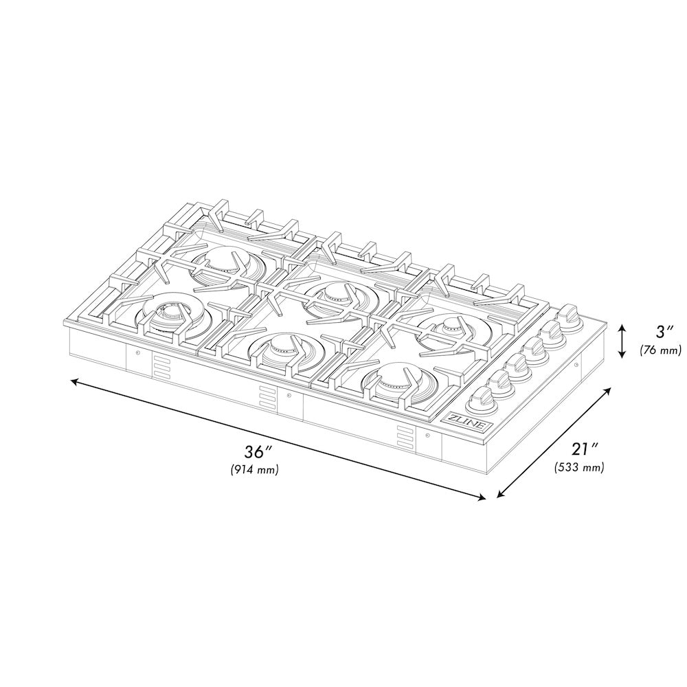 ZLINE 36" Gas Cooktop with 6 Gas Burners and Black Porcelain Top (RC36-PBT)