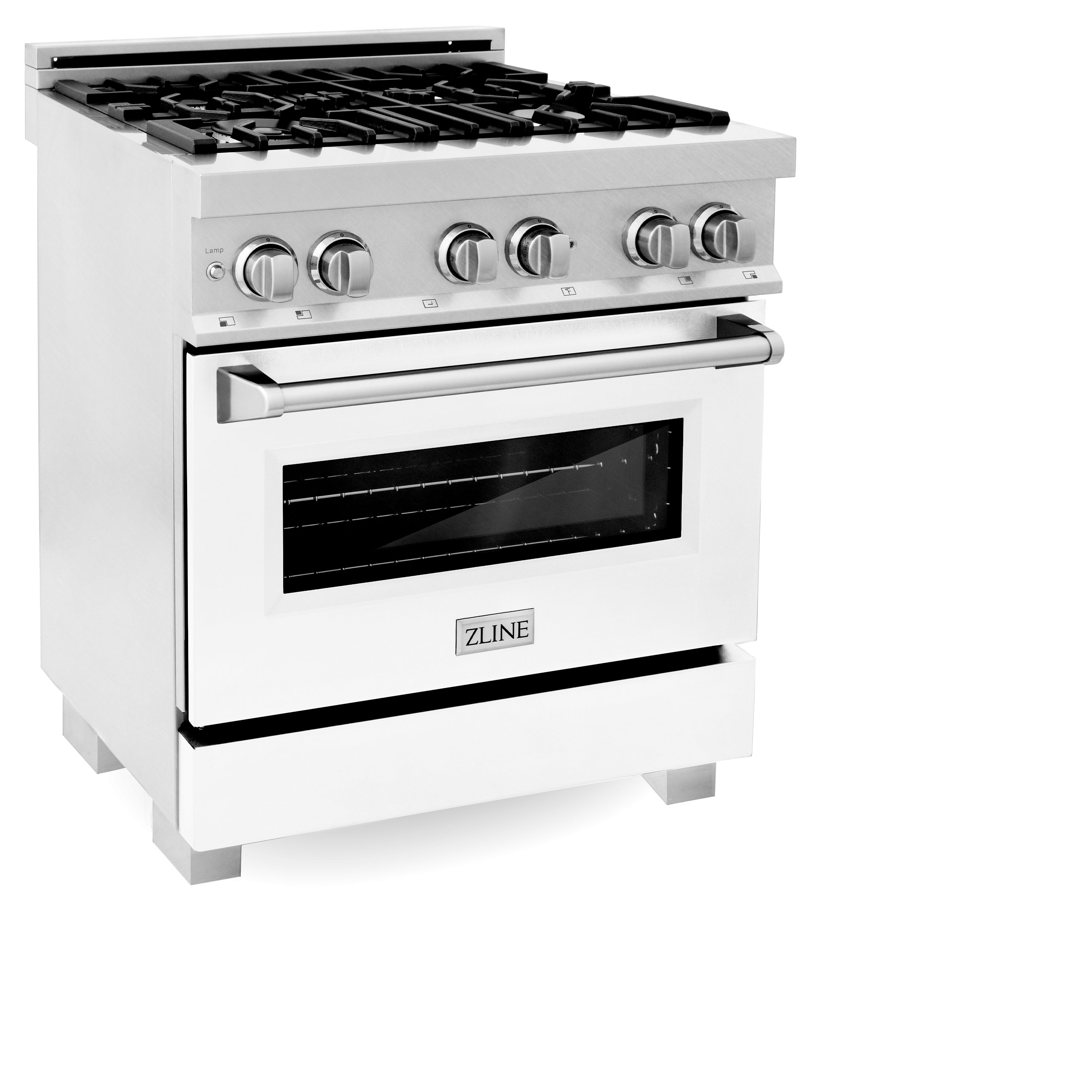 ZLINE 30 in. 4.0 cu. ft. Legacy Dual Fuel Range with 4 Burner Gas Cooktop and Electric Convection Oven in Satin Stainless Steel with White Matte Door and Griddle (RAS-WM-GR-30)