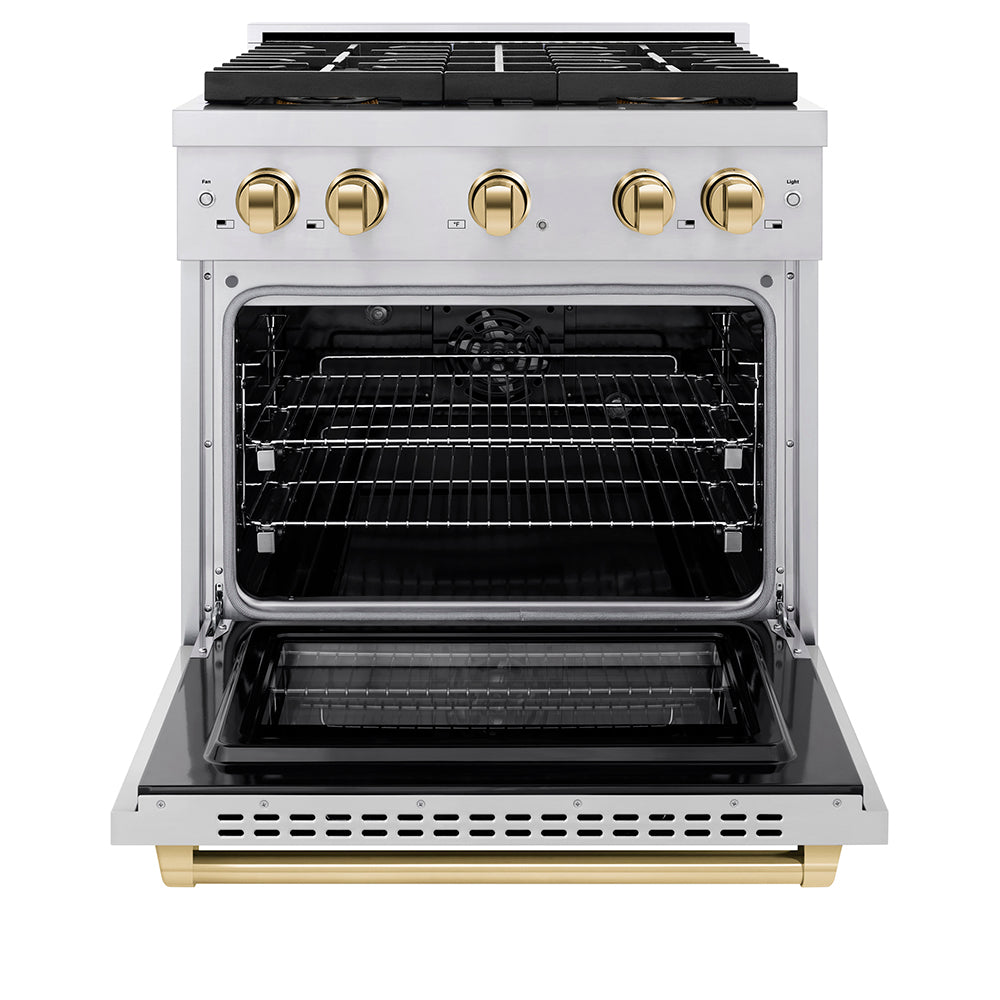 ZLINE Autograph Edition 30 in. 4.2 cu. ft. Paramount Dual Fuel Range with 4 Burner DuoPro™ Cooktop and Electric Convection Oven in Stainless Steel with Polished Gold Accents (PSDRZ-30-G)