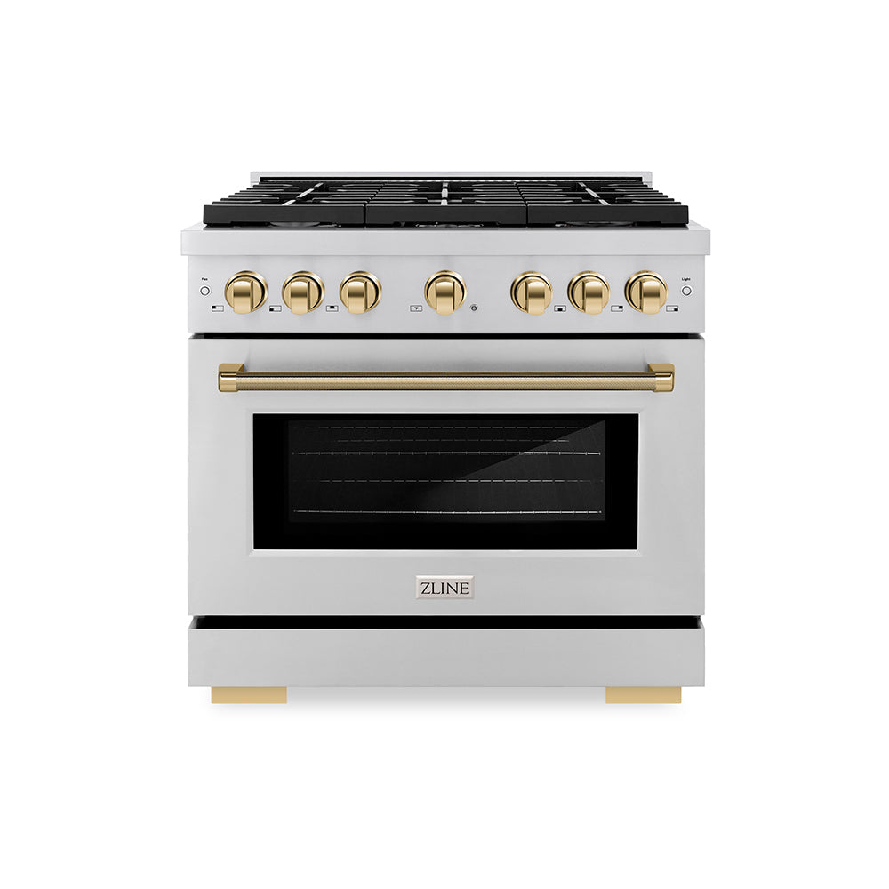 ZLINE Autograph Edition 36 in. 5.2 cu. ft. Paramount Dual Fuel Range with 6 Burner Gas Cooktop and Electric Convection Oven in Stainless Steel with Polished Gold Helix Handle and Knob Accents (SDRZ-36-KG)