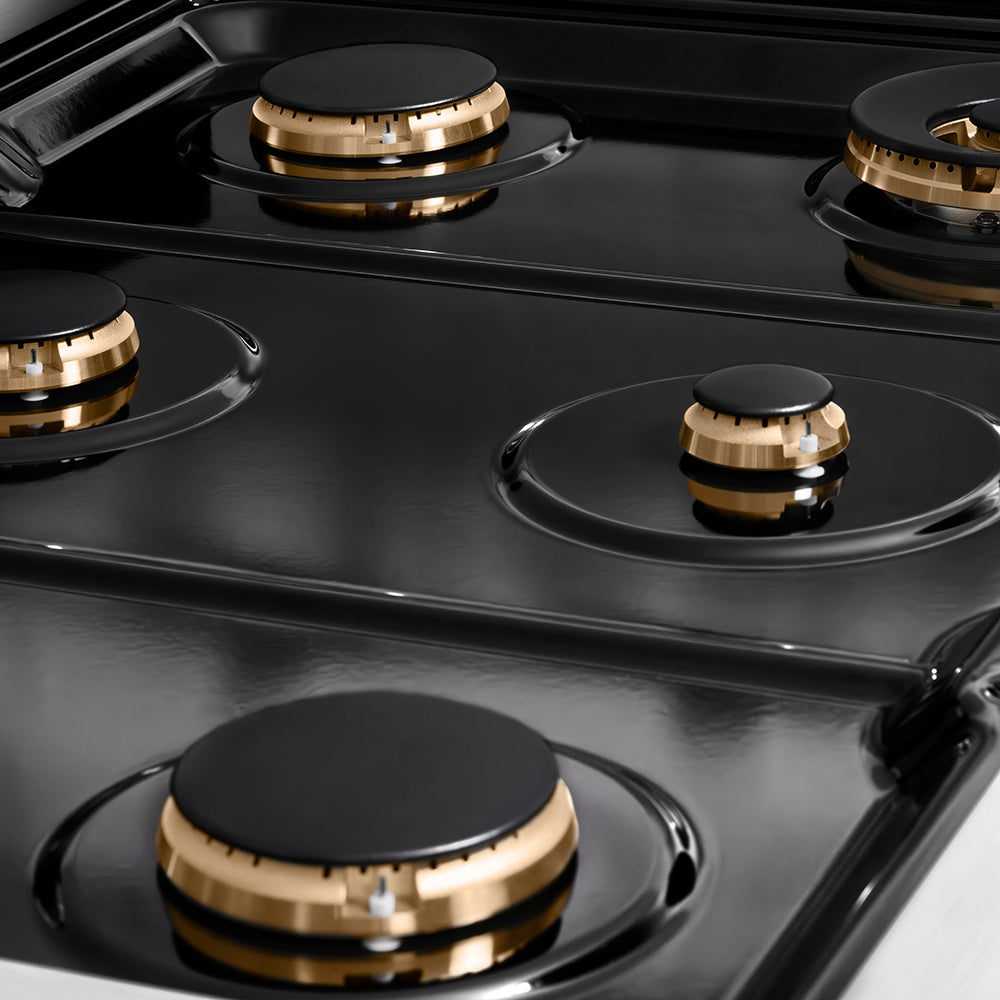 ZLINE Autograph Edition 36 in. 5.2 cu. ft. Paramount Dual Fuel Range with 6 Burner Gas Cooktop and Electric Convection Oven in Stainless Steel with Polished Gold Helix Handle and Knob Accents (SDRZ-36-KG)