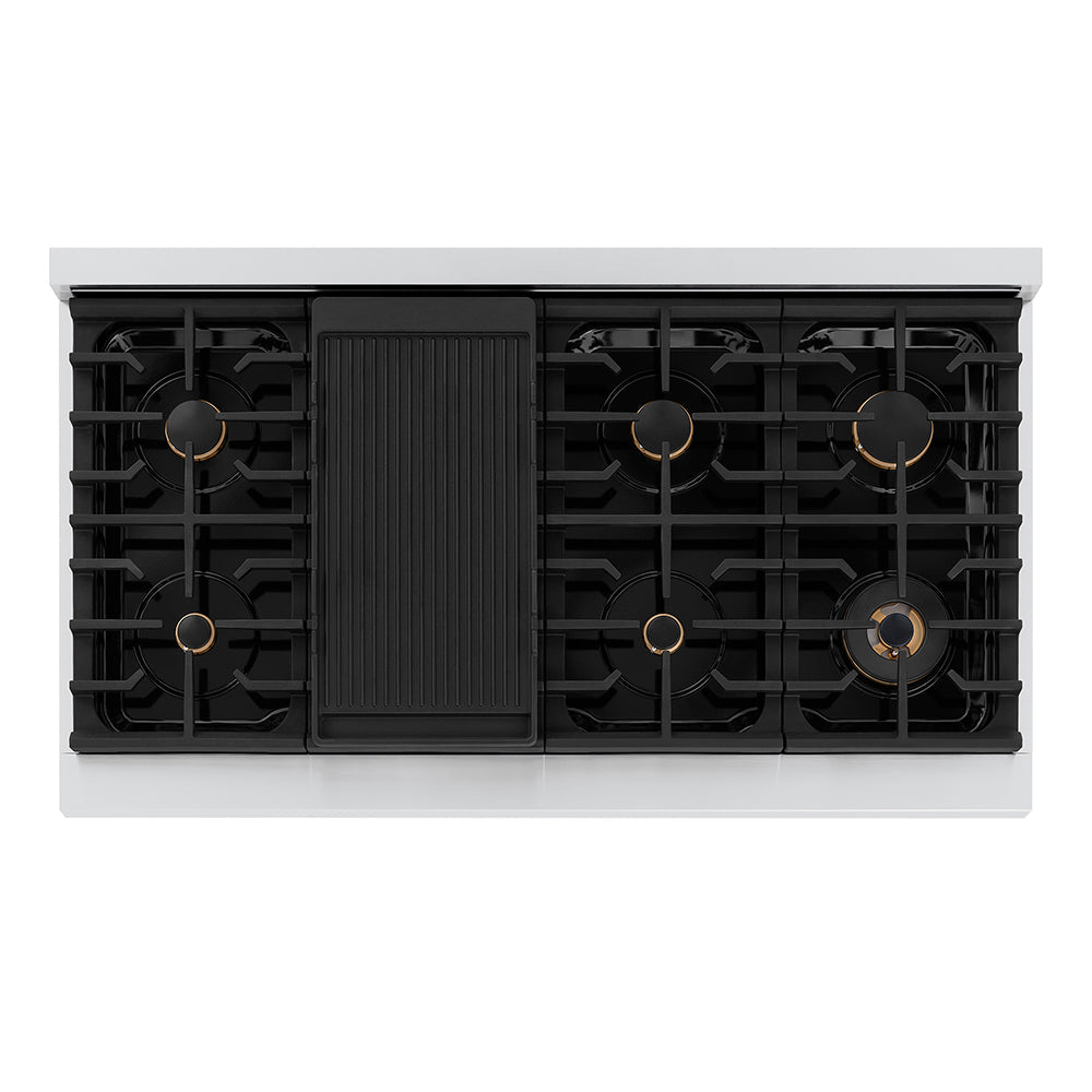 ZLINE Autograph Edition 48 in. 6.7 cu. ft. Paramount Double Oven Gas Range with 8 Burner Cooktop in Stainless Steel and Champagne Bronze Helix Handles and Knob Accents (SGRZ-48-KCB)