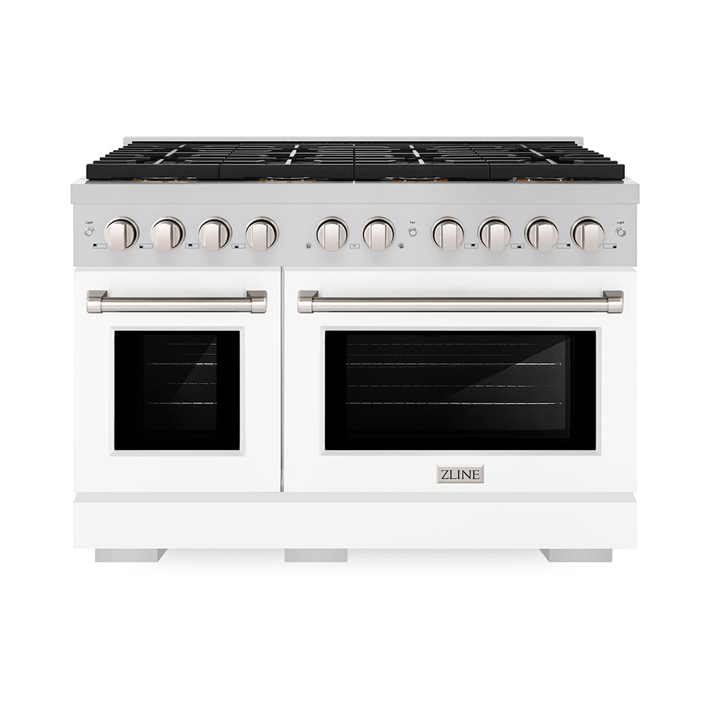 ZLINE 48 in. 6.7 cu. ft. Paramount Gas Range with 8 Burner DuoPro™ Cooktop and Dual Ovens with White Matte Doors (PSGR-WM-48)
