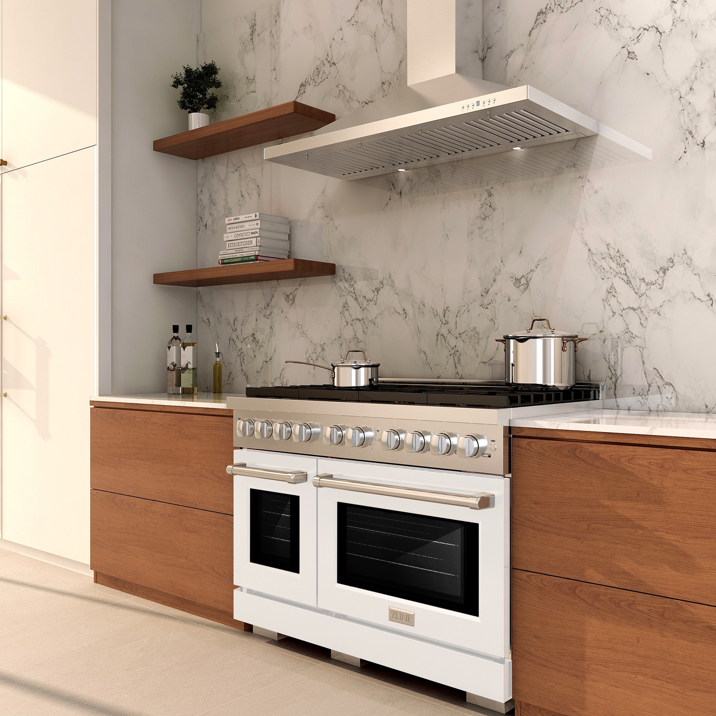 ZLINE 48 in. 6.7 cu. ft. Paramount Double Oven Gas Range with 8 Burner Cooktop in Stainless Steel with White Matte Doors (SGR-WM-48)