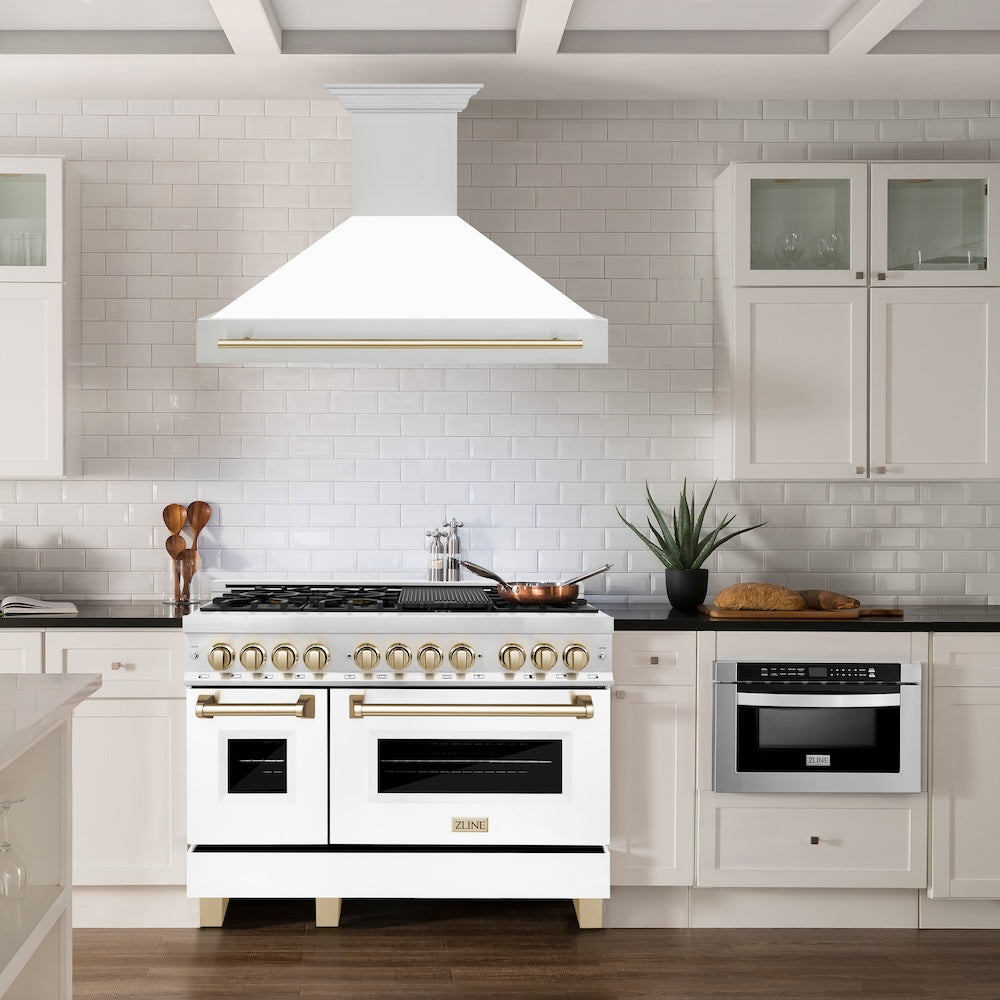 ZLINE Autograph Edition 48 in. Stainless Steel Range Hood with White Matte Shell and Polished Gold Handle