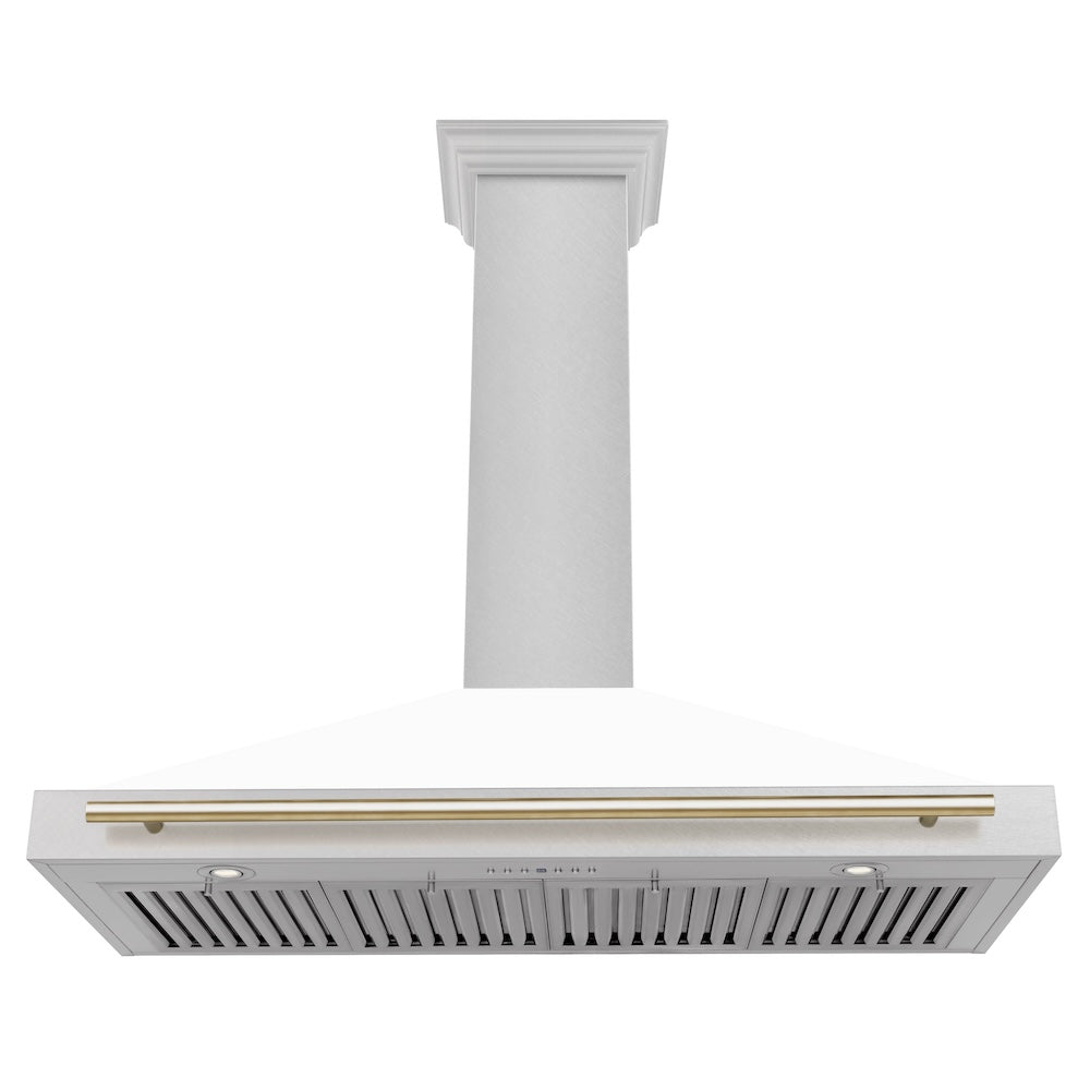 ZLINE 48 in. Autograph Edition Convertible Fingerprint Resistant Satin Stainless Steel Range Hood with White Matte Shell and Polished Gold Handle (KB4SNZ-WM48-G)