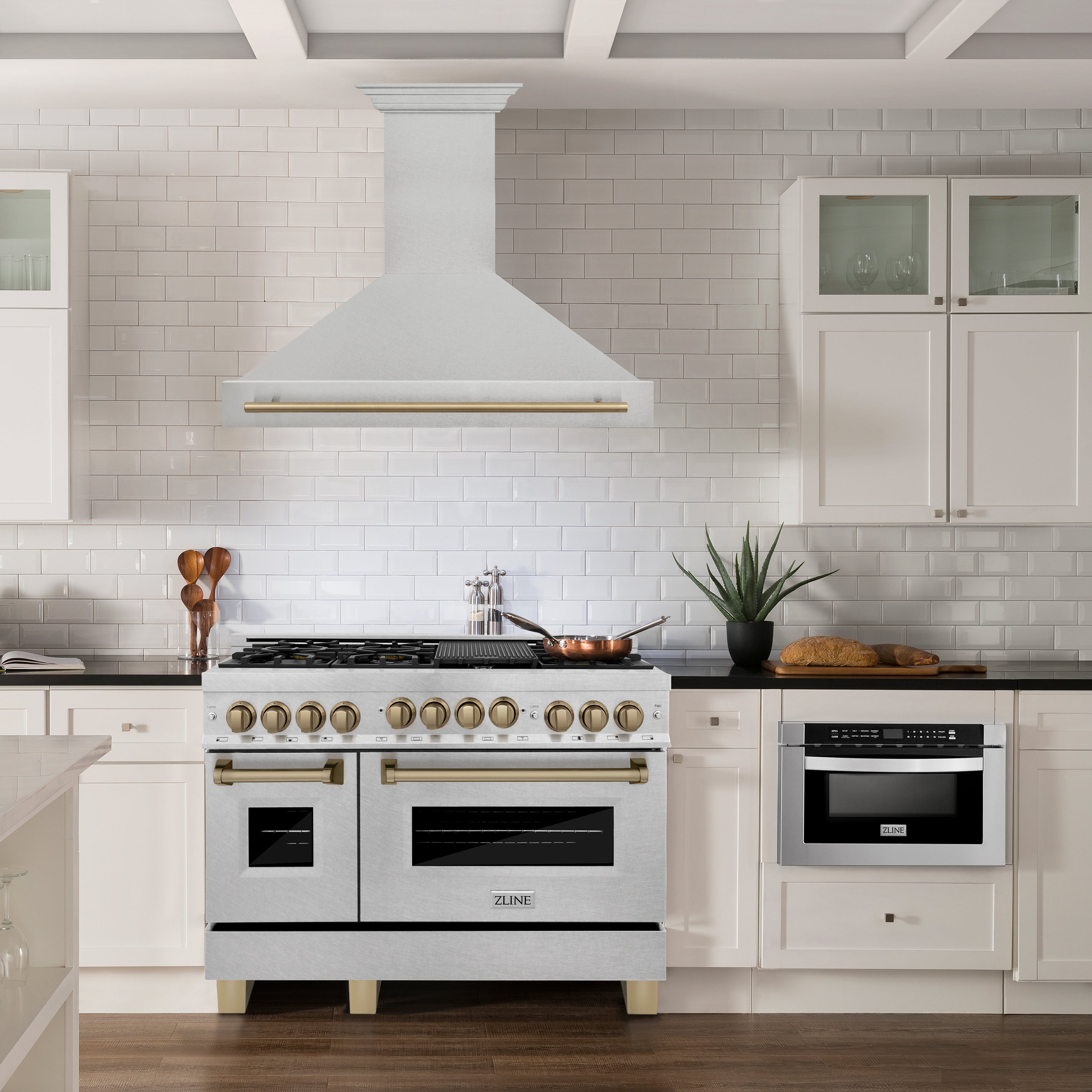 ZLINE Autograph Edition 48 in. Satin Stainless Steel Wall Mount Range Hood with Champagne Bronze Handle (8654SNZ-48-CB)
