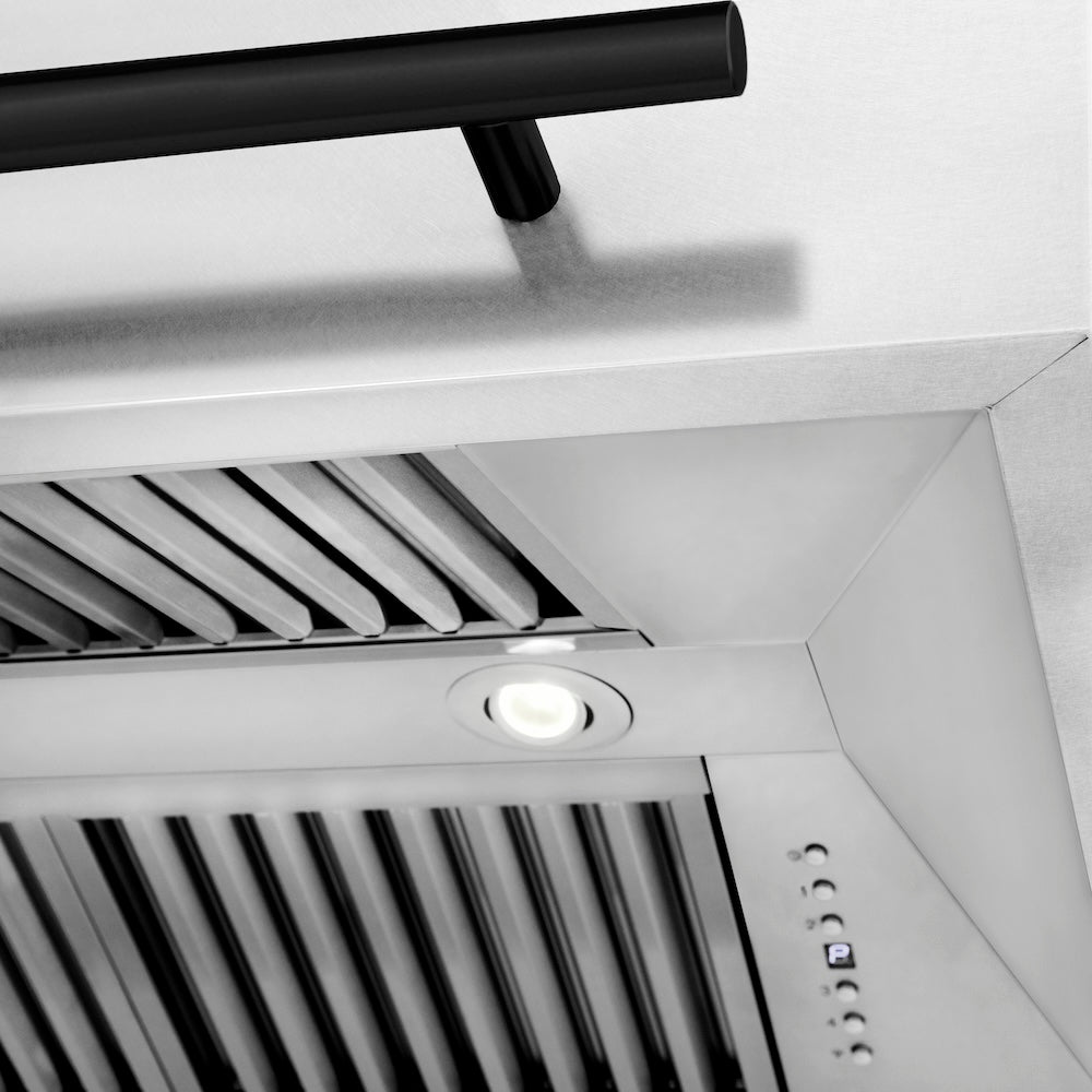 ZLINE Autograph Edition 30 in. Satin Stainless Steel Wall Mount Range Hood with White Matte Shell and Matte Black Handle (8654SNZ-WM30-MB)