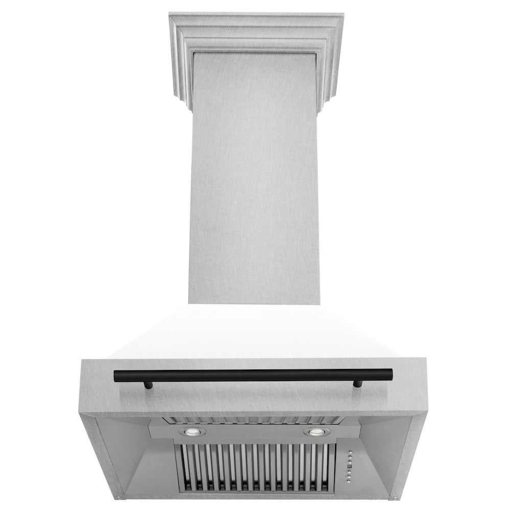 ZLINE Autograph Edition 30 in. Satin Stainless Steel Wall Mount Range Hood with White Matte Shell and Matte Black Handle (8654SNZ-WM30-MB)