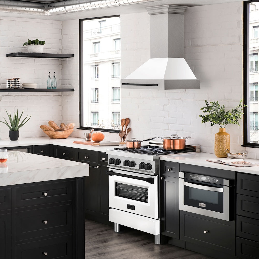 ZLINE Autograph Edition 30 in. Satin Stainless Steel Wall Mount Range Hood with White Matte Shell and Matte Black Handle (8654SNZ-WM30-MB)