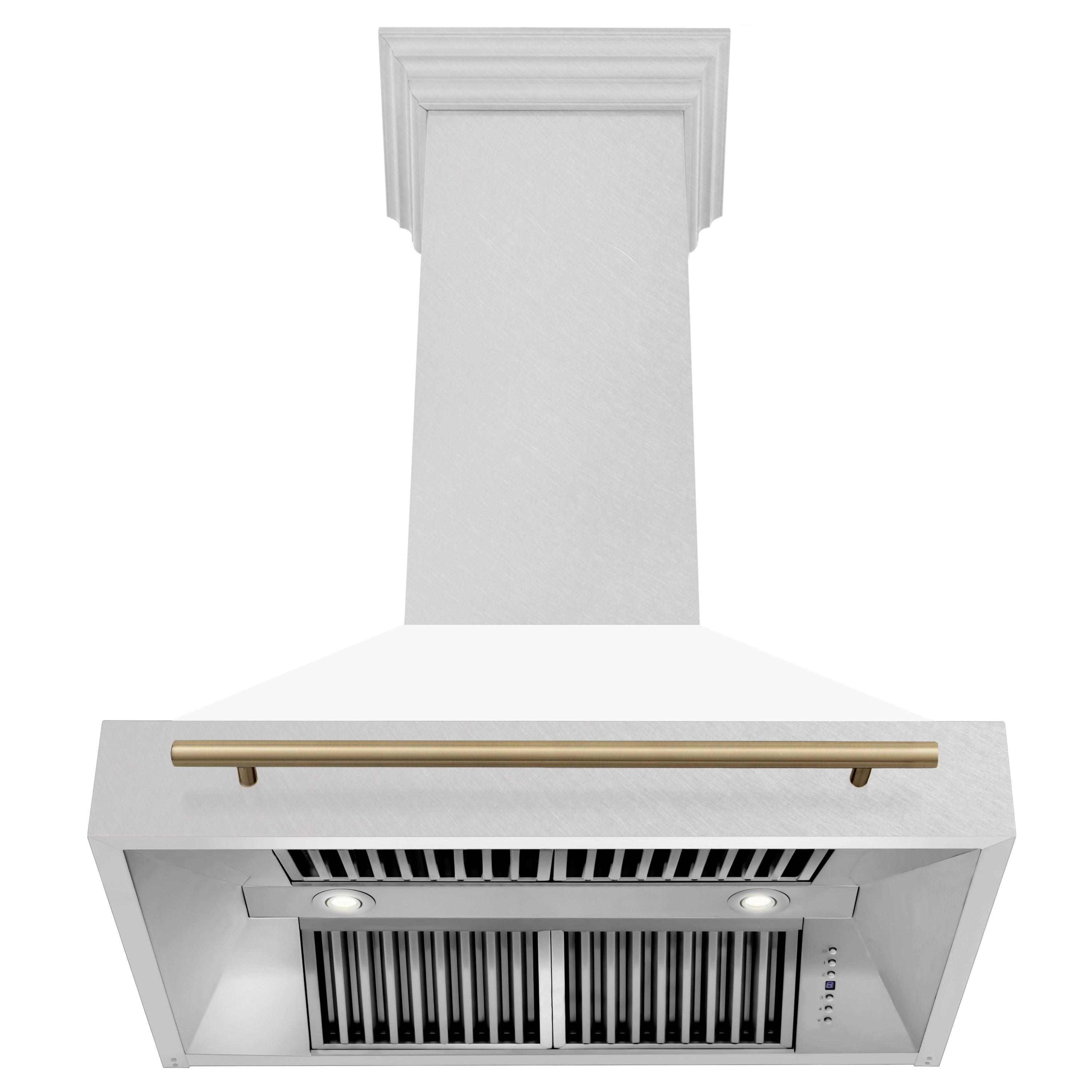 ZLINE Autograph Edition 36 in. Satin Stainless Steel Wall Mount Range Hood with White Matte Shell and Champagne Bronze Handle (8654SNZ-WM36-CB)