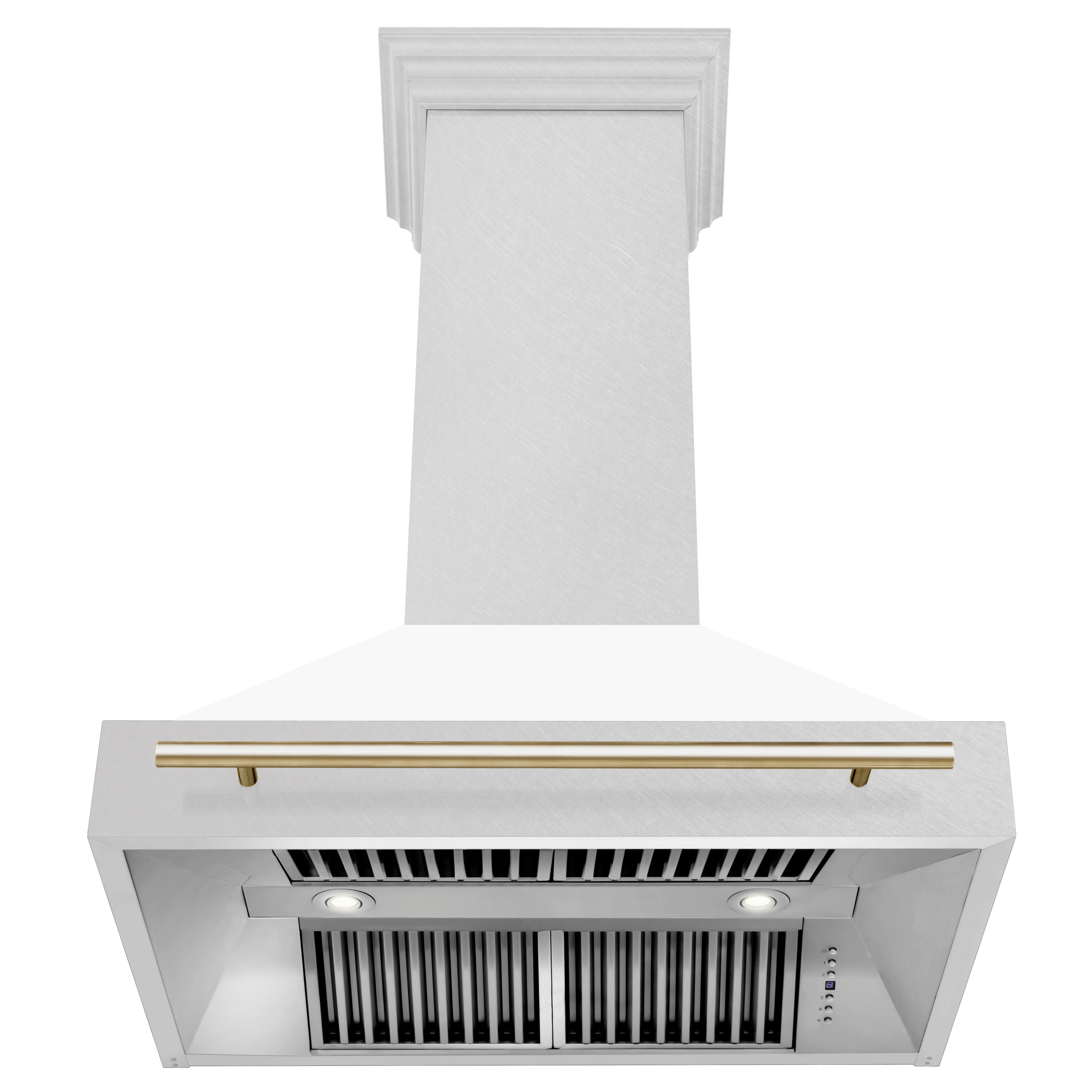 ZLINE Autograph Edition 36 in. Satin Stainless Steel Wall Mount Range Hood with White Matte Shell and Polished Gold Handle (8654SNZ-WM36-G)
