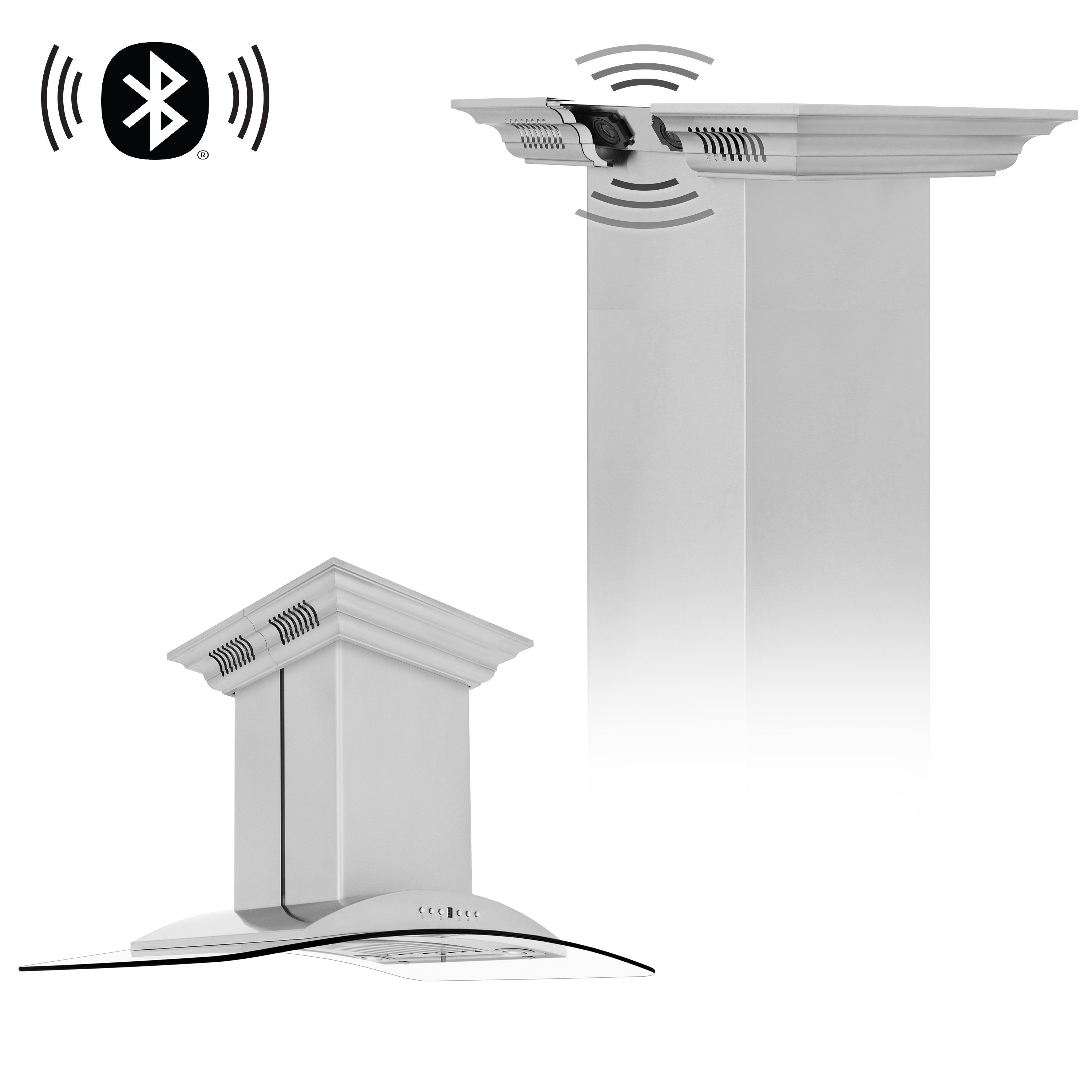 30" ZLINE CrownSoundâ¢Ducted Vent Island Mount Range Hood in Stainless Steel with Built-in Bluetooth Speakers (GL9iCRN-BT-30)