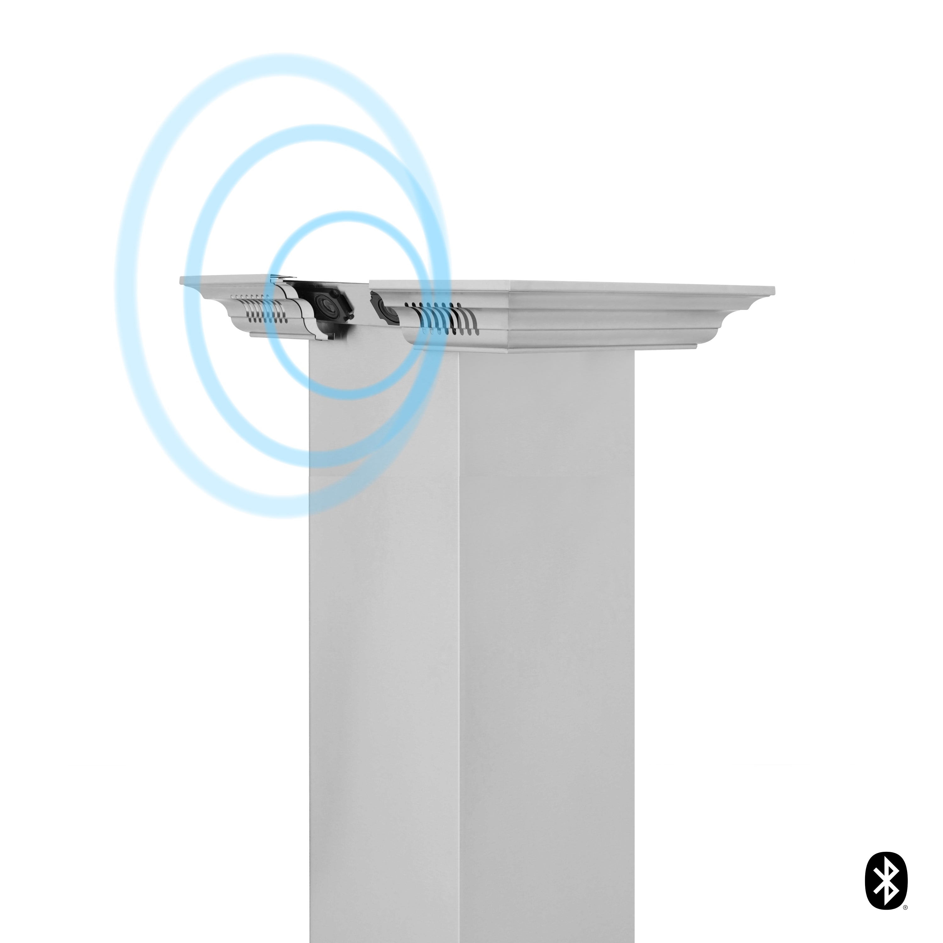 36 in. ZLINE CrownSoundâ¢ Ducted Vent Island Mount Range Hood in Stainless Steel with Built-in Bluetooth Speakers (597iCRN-BT-36)