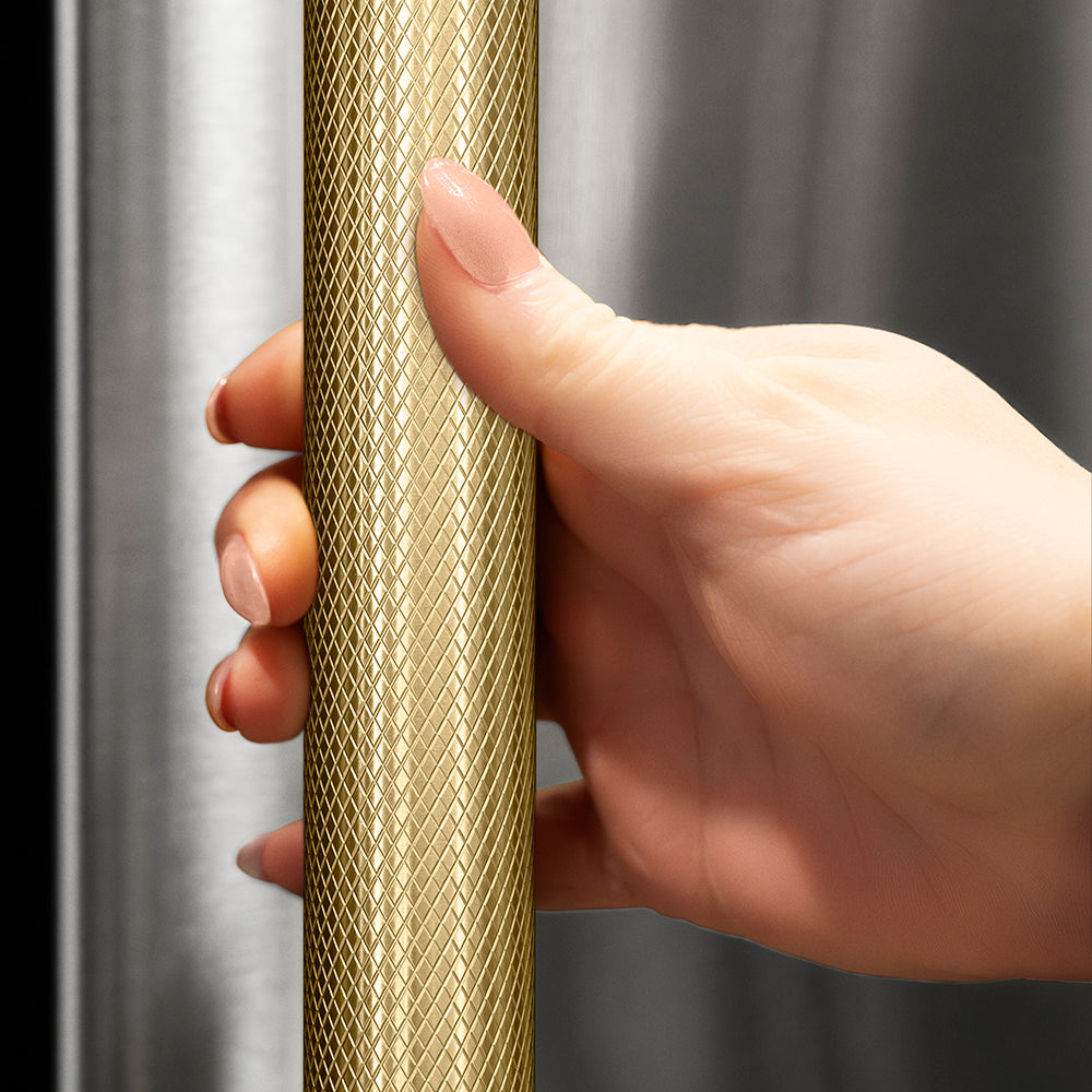 ZLINE Autograph Edition 30 in. 16.1 cu. ft. Built-In Bottom Freezer Refrigerator with Water Dispenser and Ice Maker in Stainless Steel with Graphite Gray Interior and Champagne Bronze Helix Handles (GRBIVZ-30430KCB)