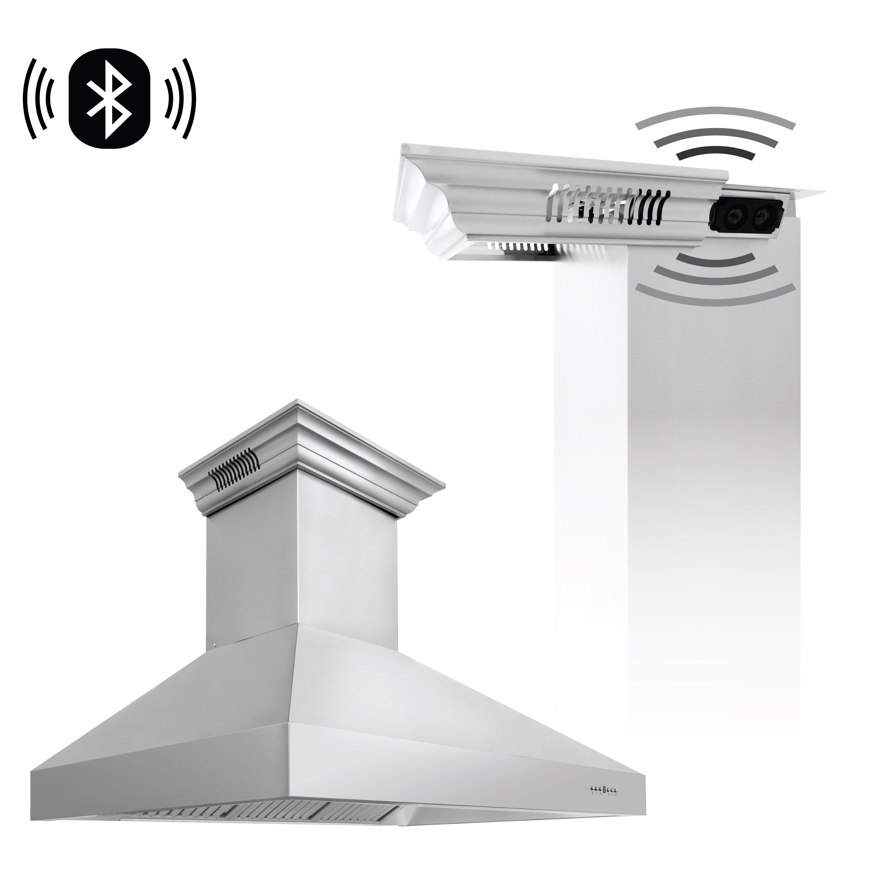 48" ZLINE CrownSoundâ¢Ducted Vent Professional Wall Mount Range Hood in Stainless Steel with Built-in Bluetooth Speakers (697CRN-BT-48)