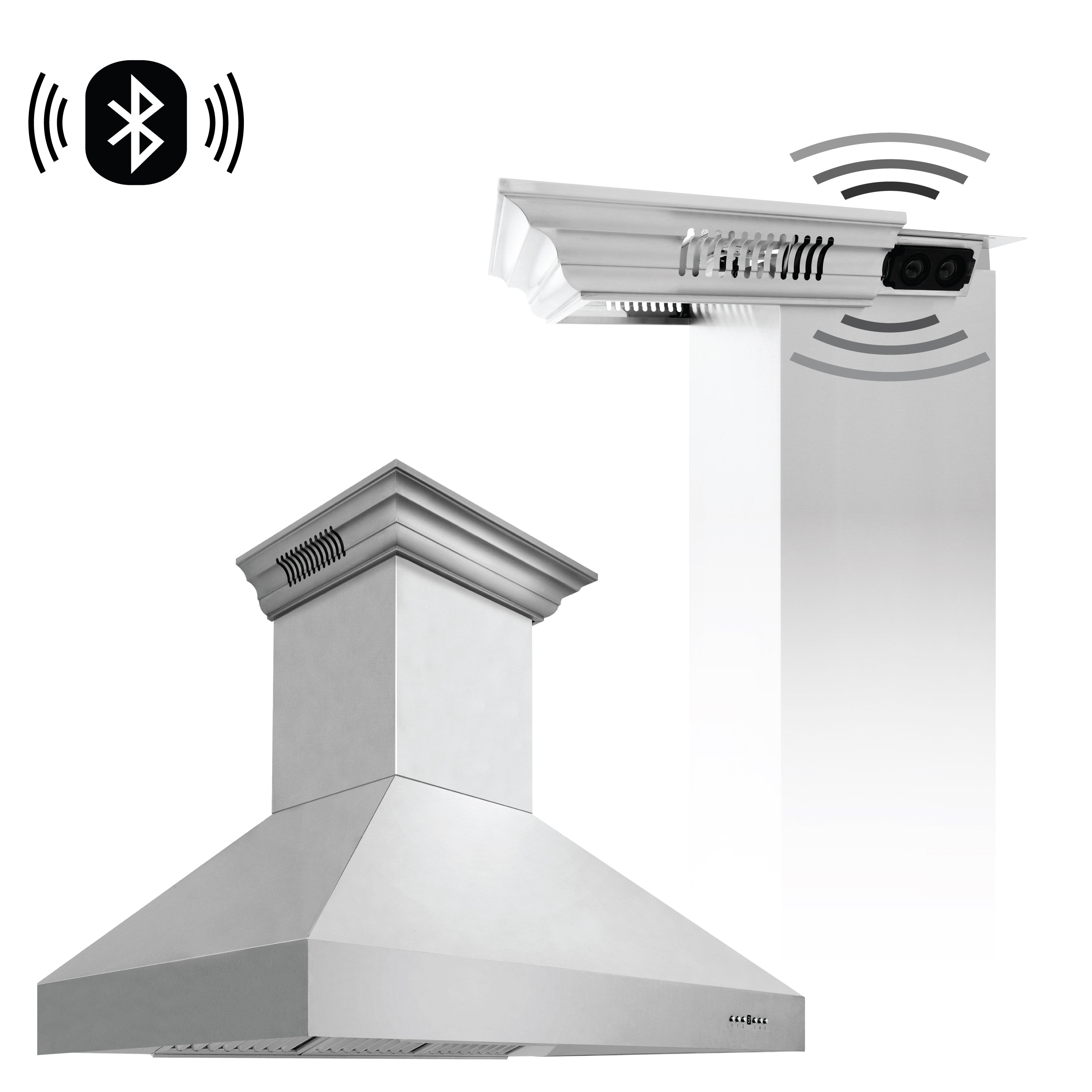 48" ZLINE CrownSoundâ¢Ducted Vent Wall Mount Range Hood in Stainless Steel with Built-in Bluetooth Speakers (667CRN-BT-48)