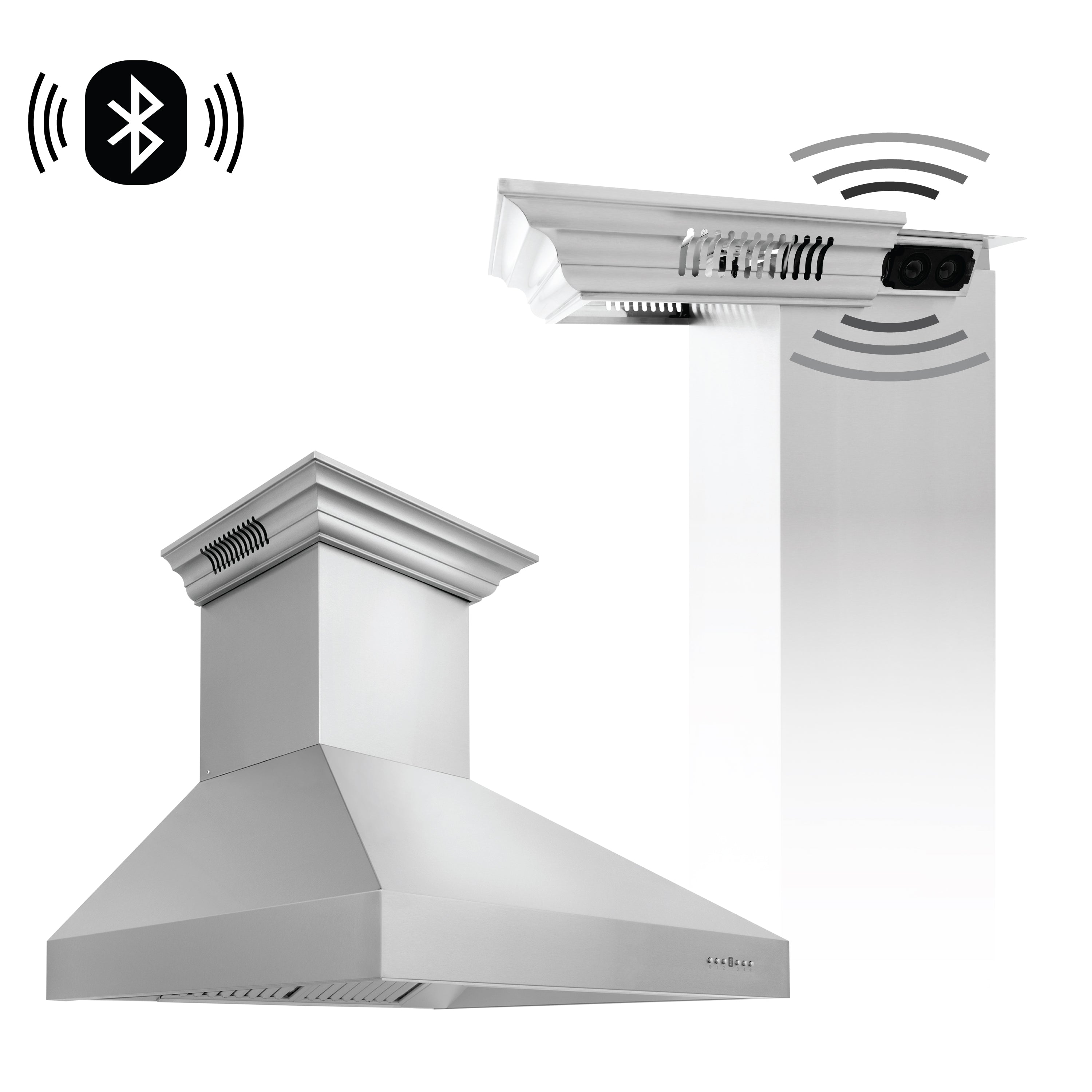48" ZLINE CrownSoundâ¢Ducted Vent Professional Wall Mount Range Hood in Stainless Steel with Built-in Bluetooth Speakers (697CRN-BT-48)