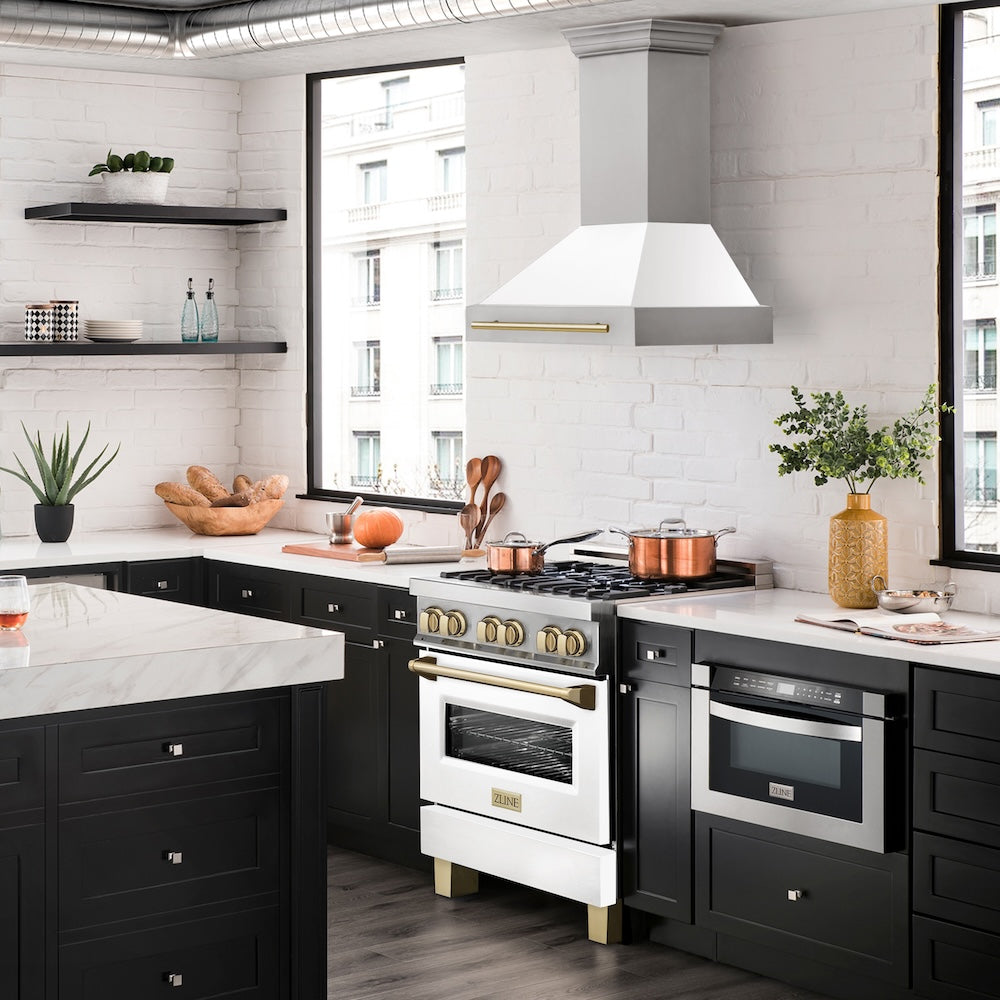 ZLINE Autograph Edition 30 in. Stainless Steel Range Hood with White Matte Shell and Polished Gold Handle (8654STZ-WM30-G)