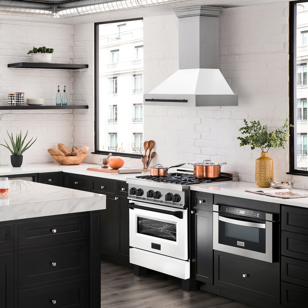 ZLINE Autograph Edition 30 in. Stainless Steel Range Hood with White Matte Shell and Matte Black Handle (8654STZ-WM30-MB)