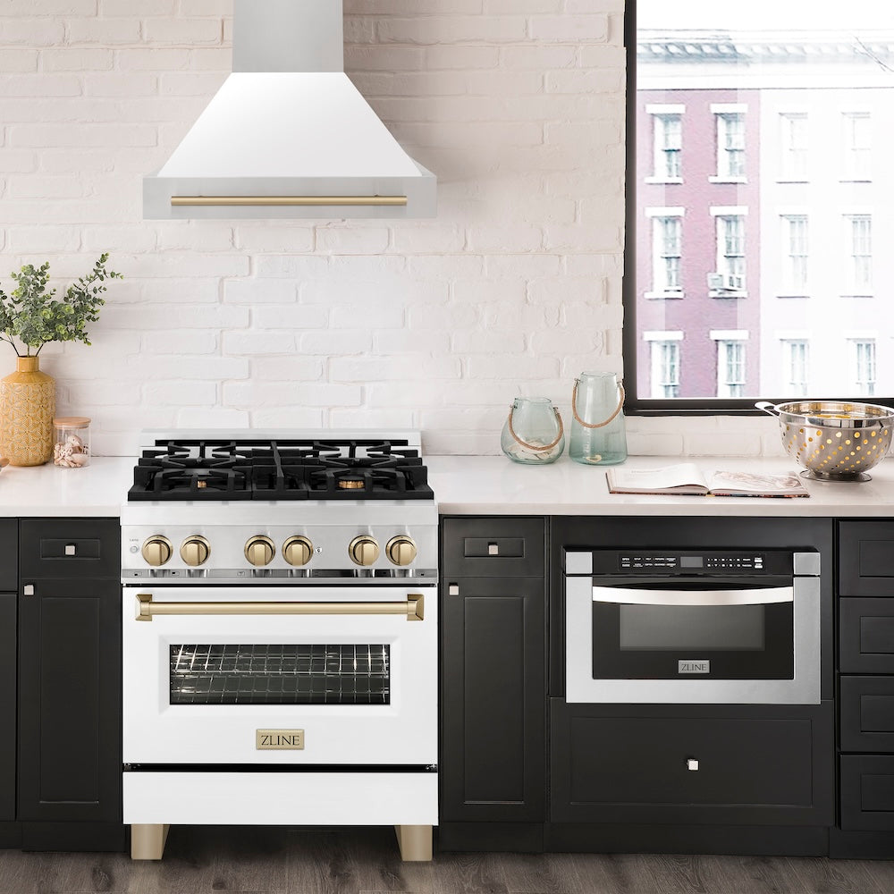 ZLINE Autograph Edition 30 in. Stainless Steel Range Hood with White Matte Shell and Champagne Bronze Handle