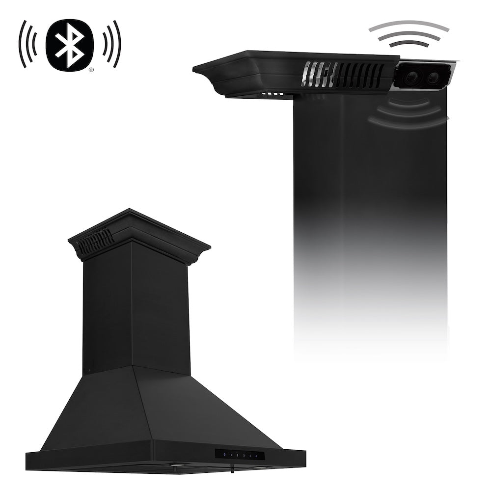 48" ZLINE CrownSoundâ¢Ducted Vent Wall Mount Range Hood in Black Stainless Steel with Built-in Bluetooth Speakers (BSKBNCRN-BT-48)