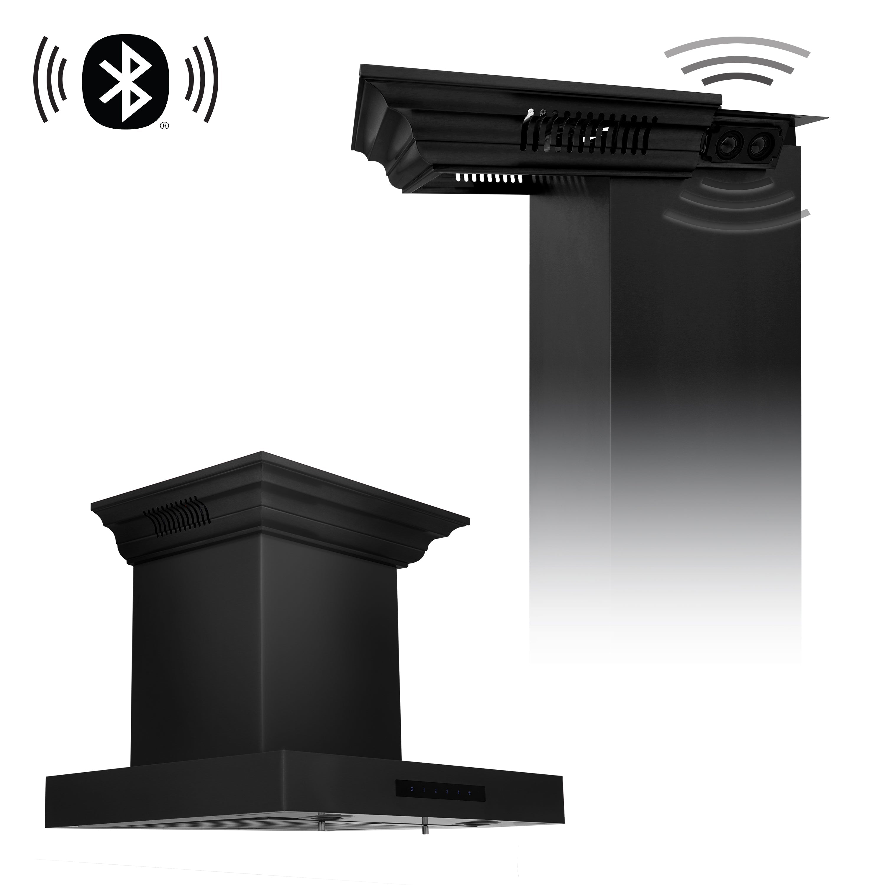 30" ZLINE CrownSoundâ¢Ducted Vent Wall Mount Range Hood in Black Stainless Steel with Built-in Bluetooth Speakers (BSKENCRN-BT-30)