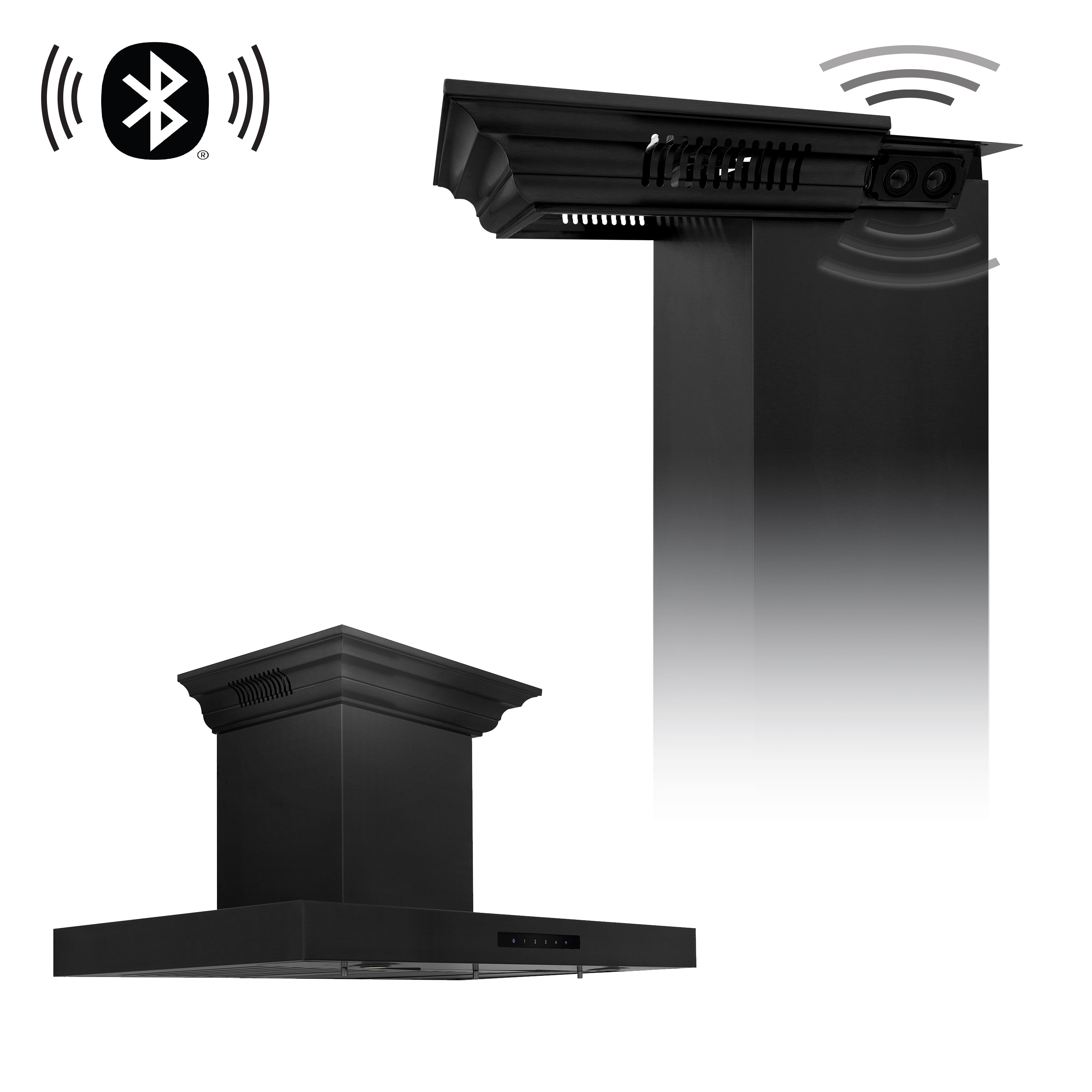 36" ZLINE CrownSoundâ¢Ducted Vent Wall Mount Range Hood in Black Stainless Steel with Built-in Bluetooth Speakers (BSKENCRN-BT-36)