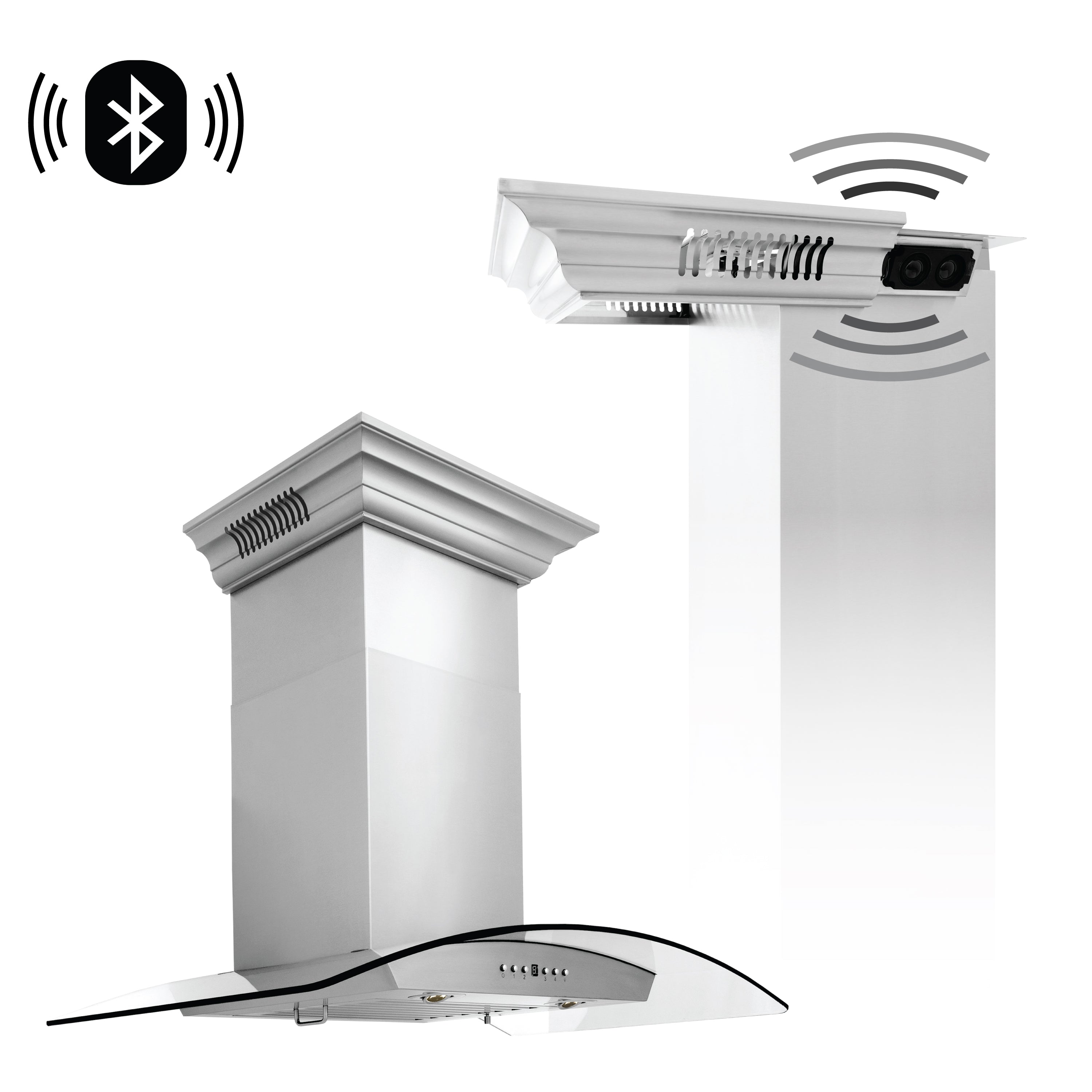 36" ZLINE CrownSoundâ¢Ducted Vent Wall Mount Range Hood in Stainless Steel with Built-in Bluetooth Speakers (KZCRN-BT-36)